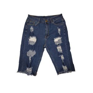 Women Casual Denim Bermuda Shorts Mid Rise Distressed Size L Dk Blue